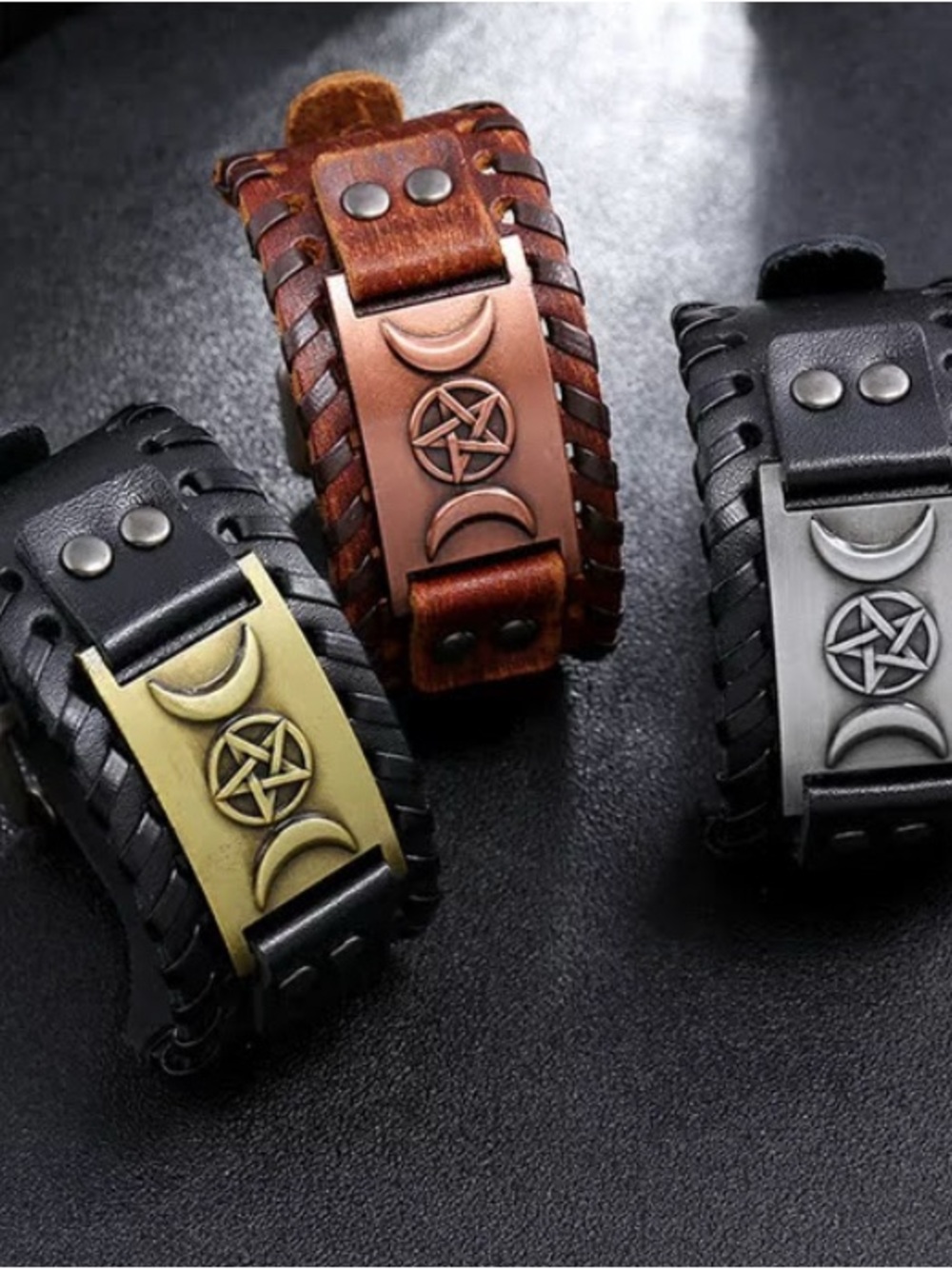 Men’s Black Or Brown Leather Cuff Bracelet Of Triple Moon | Pagan Jewelry